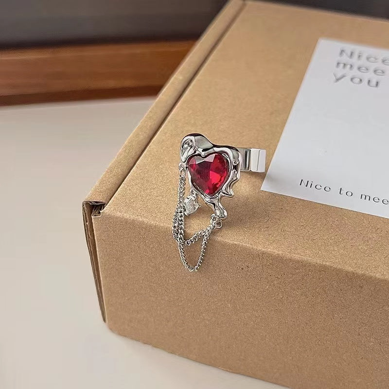 Niche design dark lava love ruby tassel ring female sweet cool tide