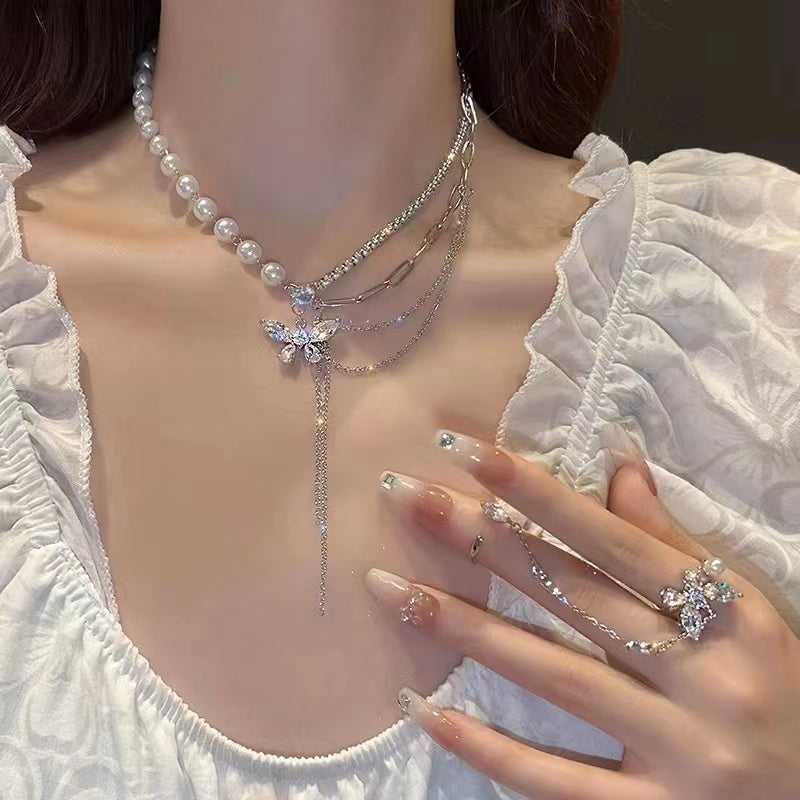 Zirconia butterfly tassel splicing niche sense of collarbone chain tide