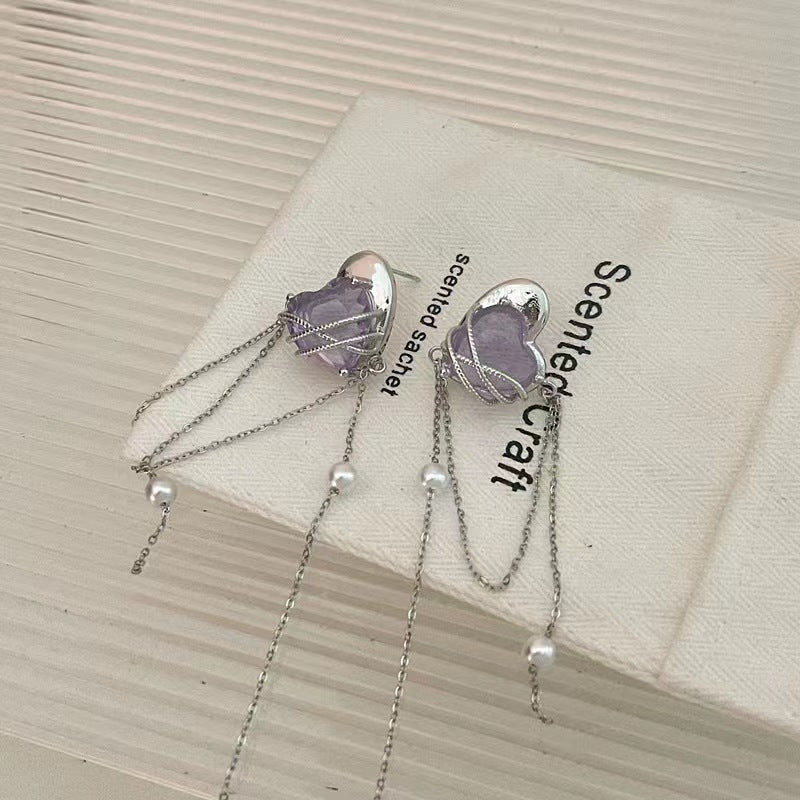925 silver needle purple love zirconia tassel pearl earrings super fairy niche design sense senior sense earrings female tide