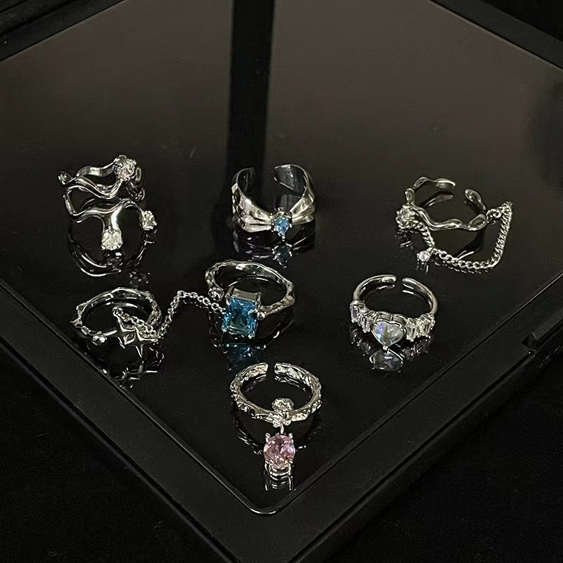 Wholesale niche design sense women's ring senior ins cold wind set diamond zircon chain French open index finger ring