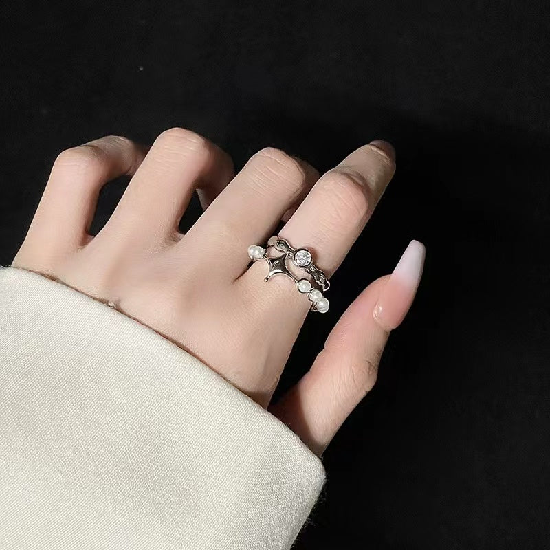 Niche original design sense pearl with diamond zircon open gemstone simple French premium net red women's ring