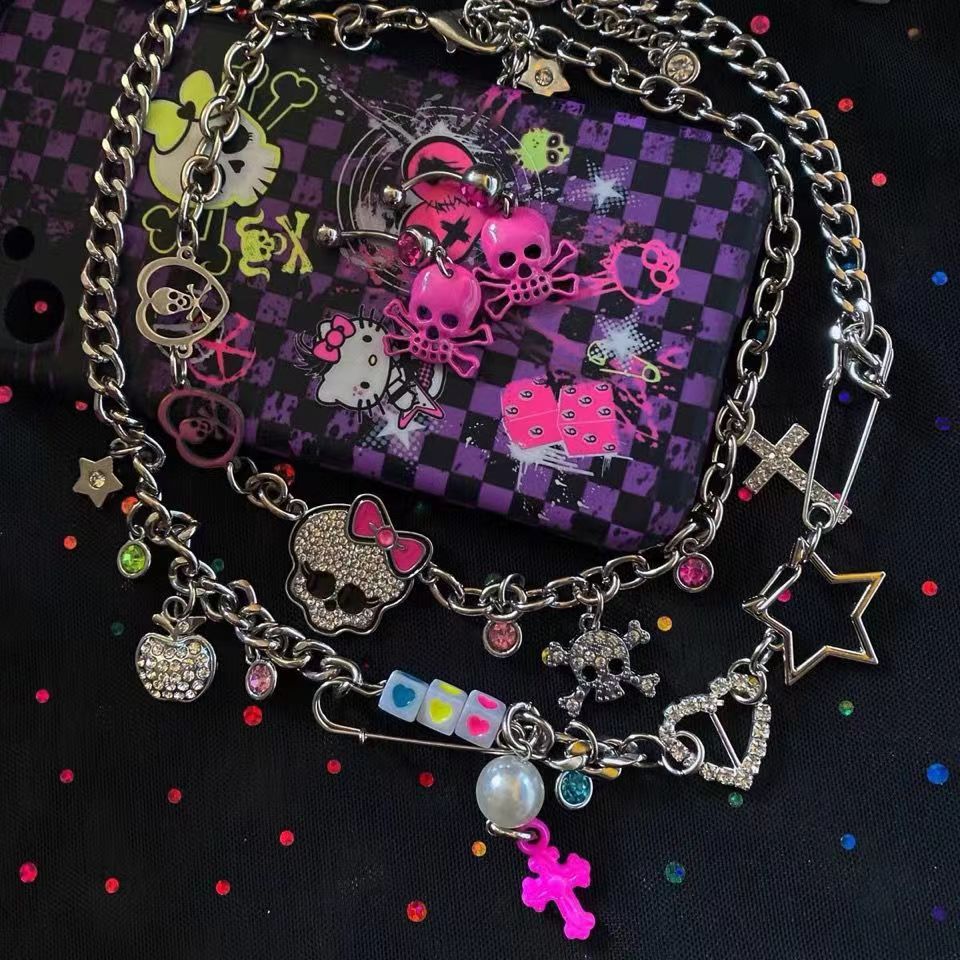 Diamond Skull Pink Stacked Necklace