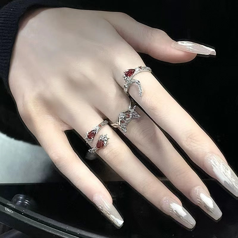 Niche design personality cold wind red zircon dark wind ring female cat claw cat tail cat open ring