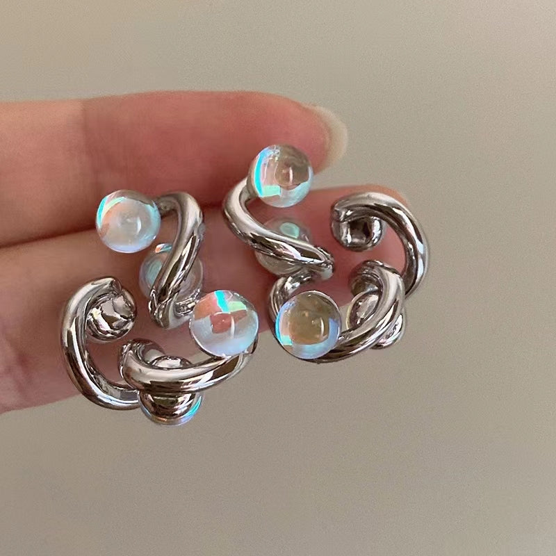 Opal stone design senior sense of silver niche cold wind earrings