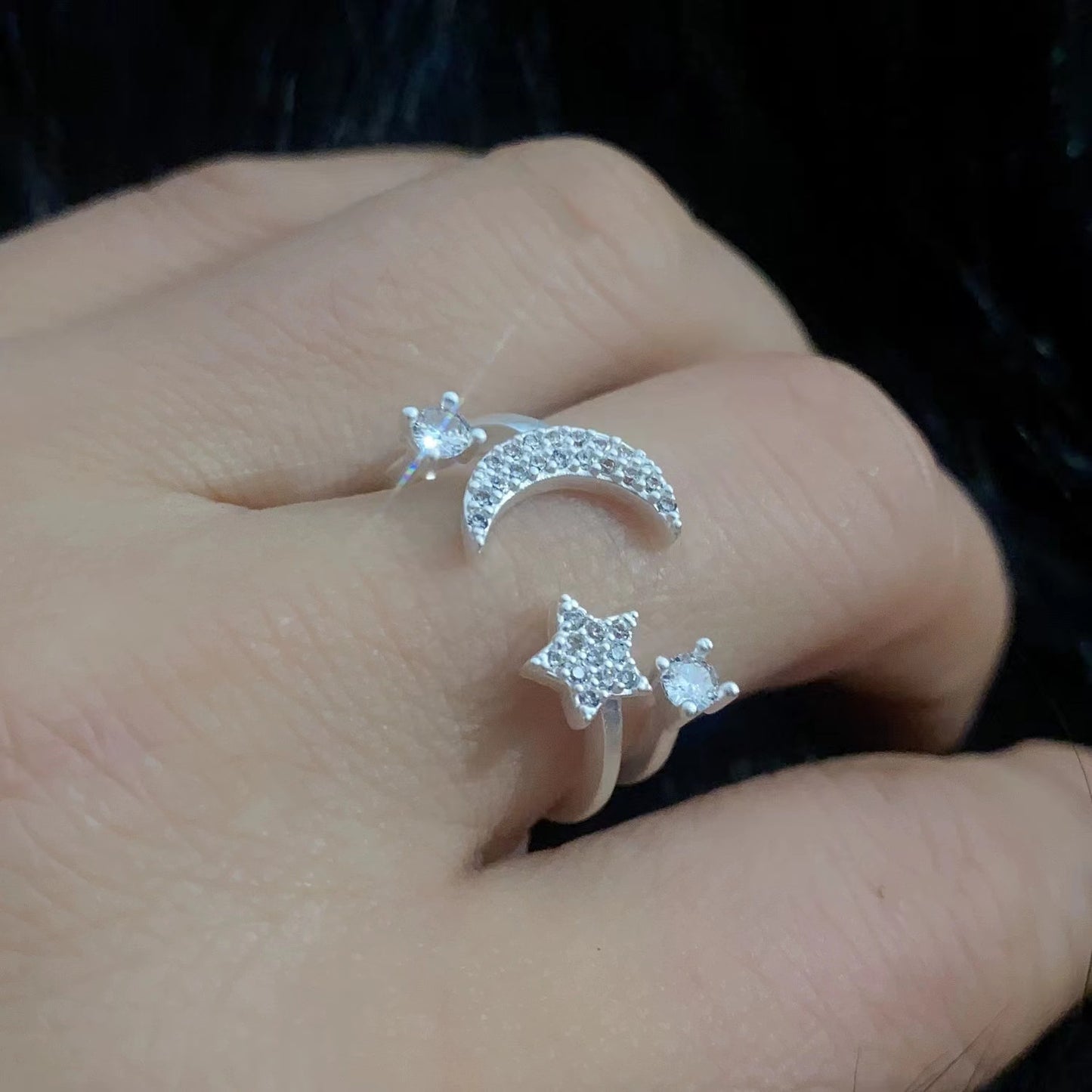 Personalized design zirconium moon star pink cat's eye stone open ring