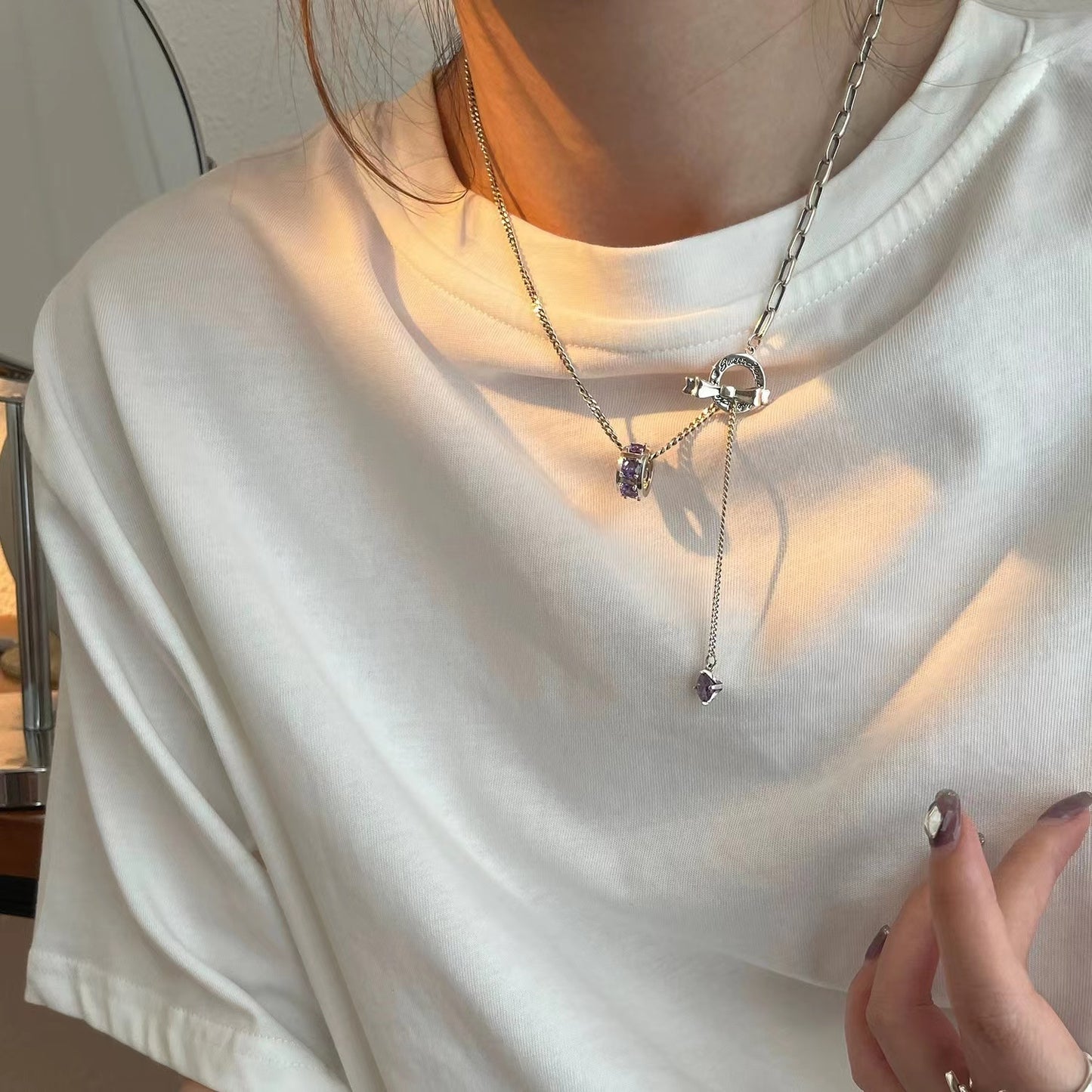 s925 sterling silver zirconia OT buckle bow necklace sweater chain female autumn and winter light luxury niche design sense fashion senior