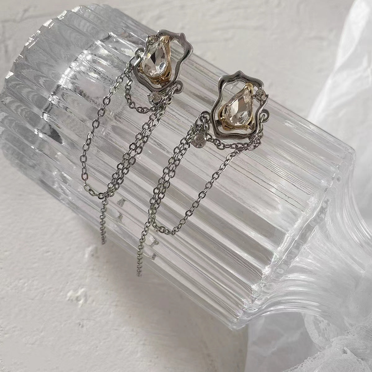 S925 silver needle large zircon tassel Chain Earrings