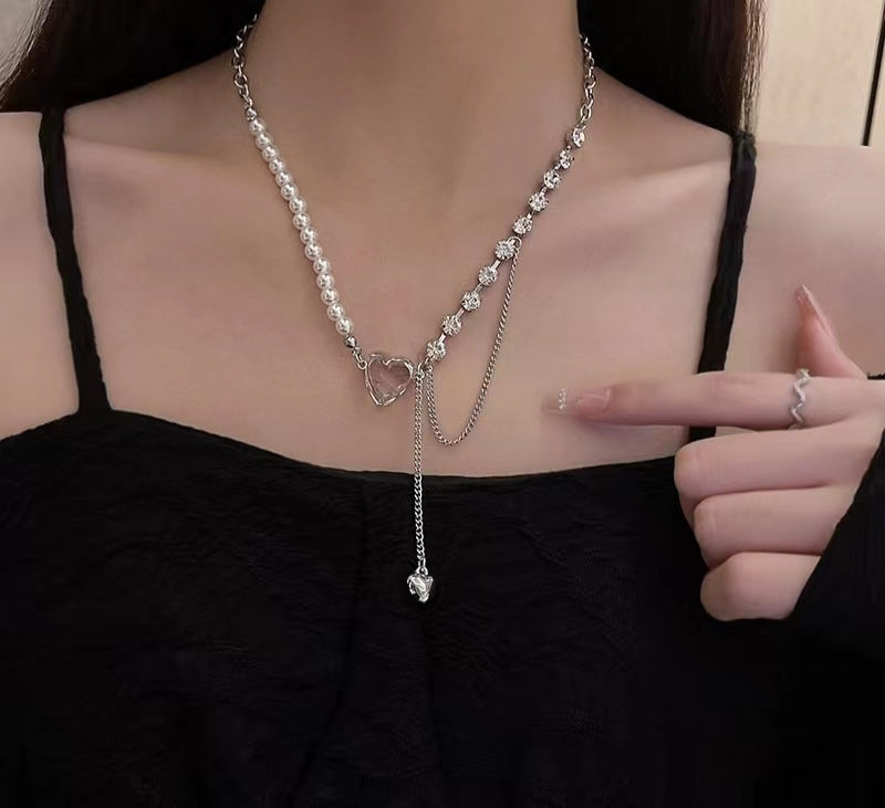 High-class feeling crystal love pearl necklace