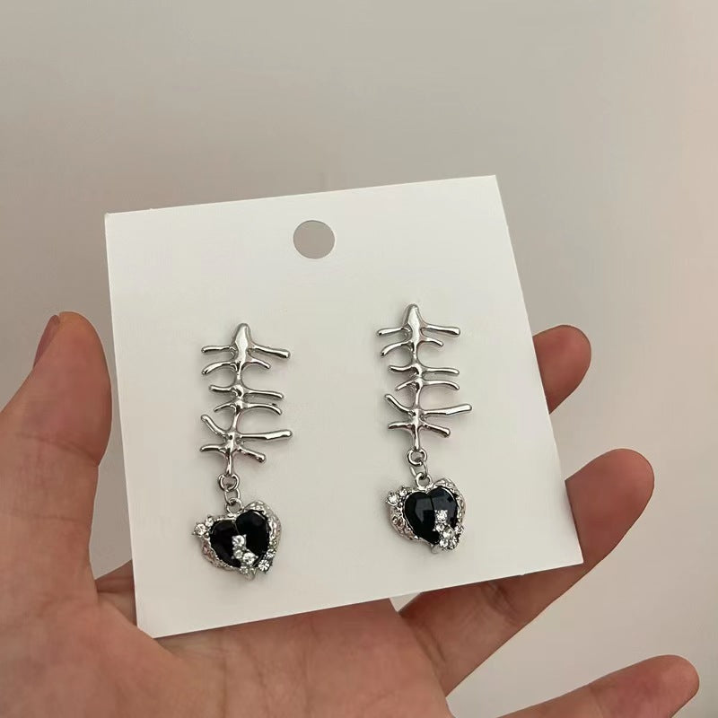 Design sense niche cold wind black with diamonds love tassel earrings sweet cool wind personality unique shape earrings female