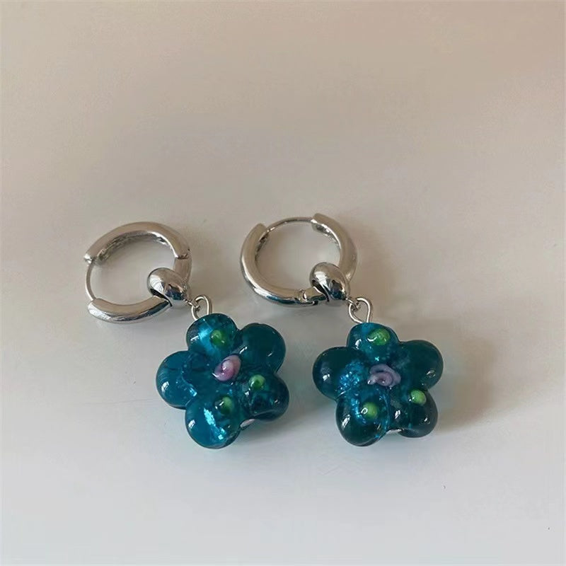 colorful glass flowers Handmade minority retro Earrings