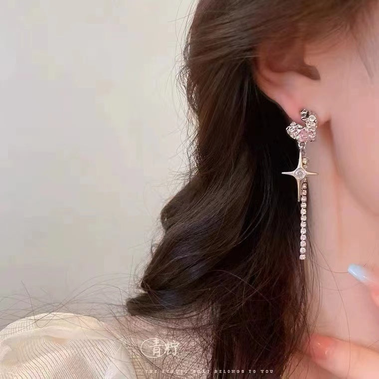 Love cross tetragrammaton tassel zirconia earrings s925 silver pin star earrings personality cold wind earrings earrings