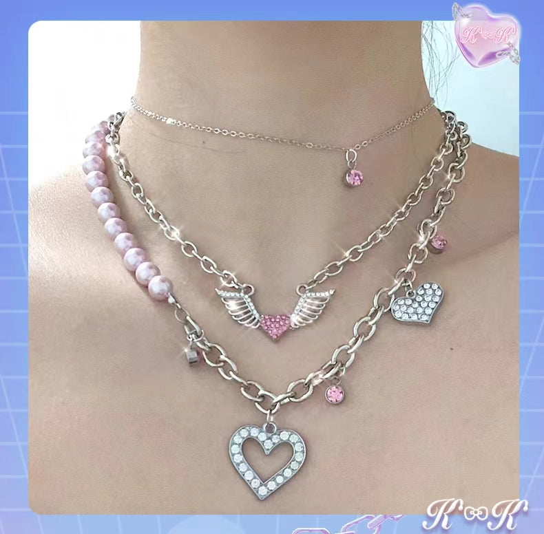 Stacked pink love pearl necklace