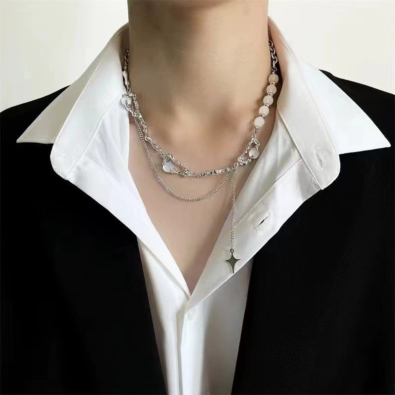 Cat's eye stone stitching mansard tassel necklace men and women niche design senior sense of temperament hip-hop cold wind collarbone chain