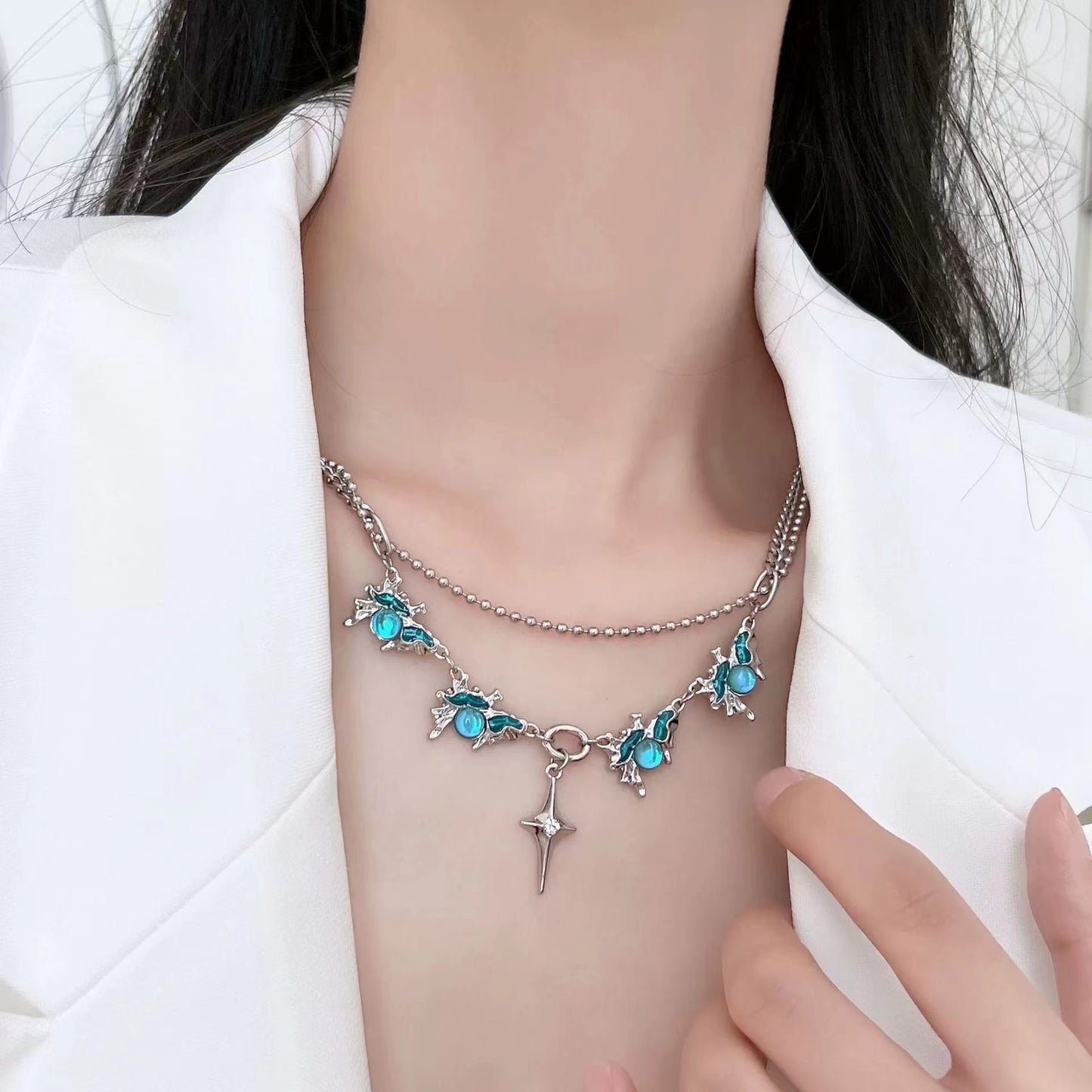 Glacier tassel pearl patchwork necklace