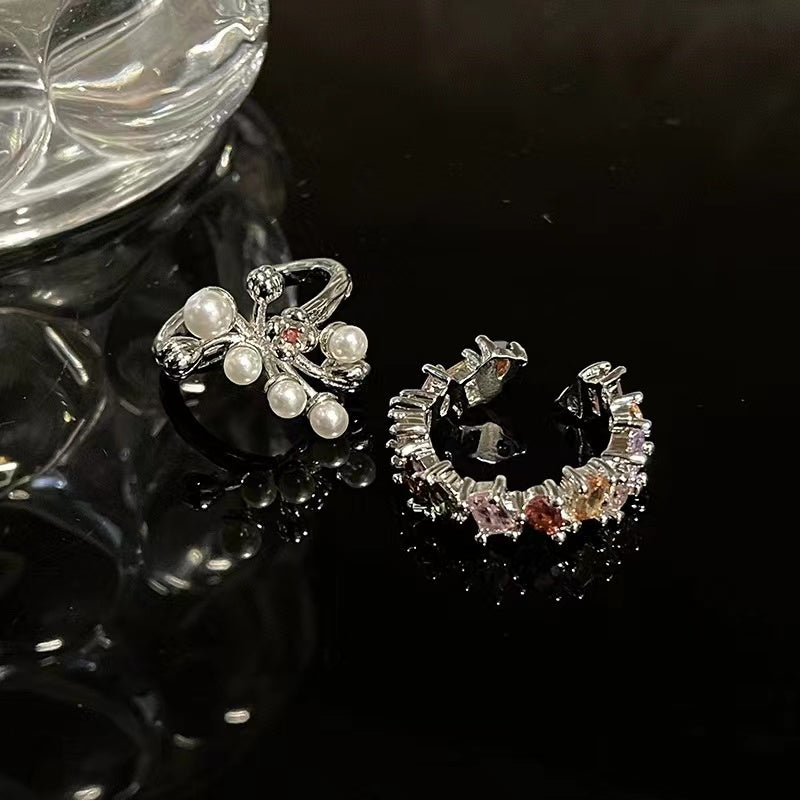 Antique open ring French court flower bud niche design pearl rainbow zircon irregular ring