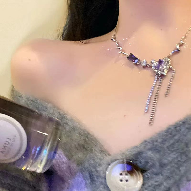 Purple zirconia love metal titanium steel necklace ins female niche design sense temperament personality hundred with collarbone chain