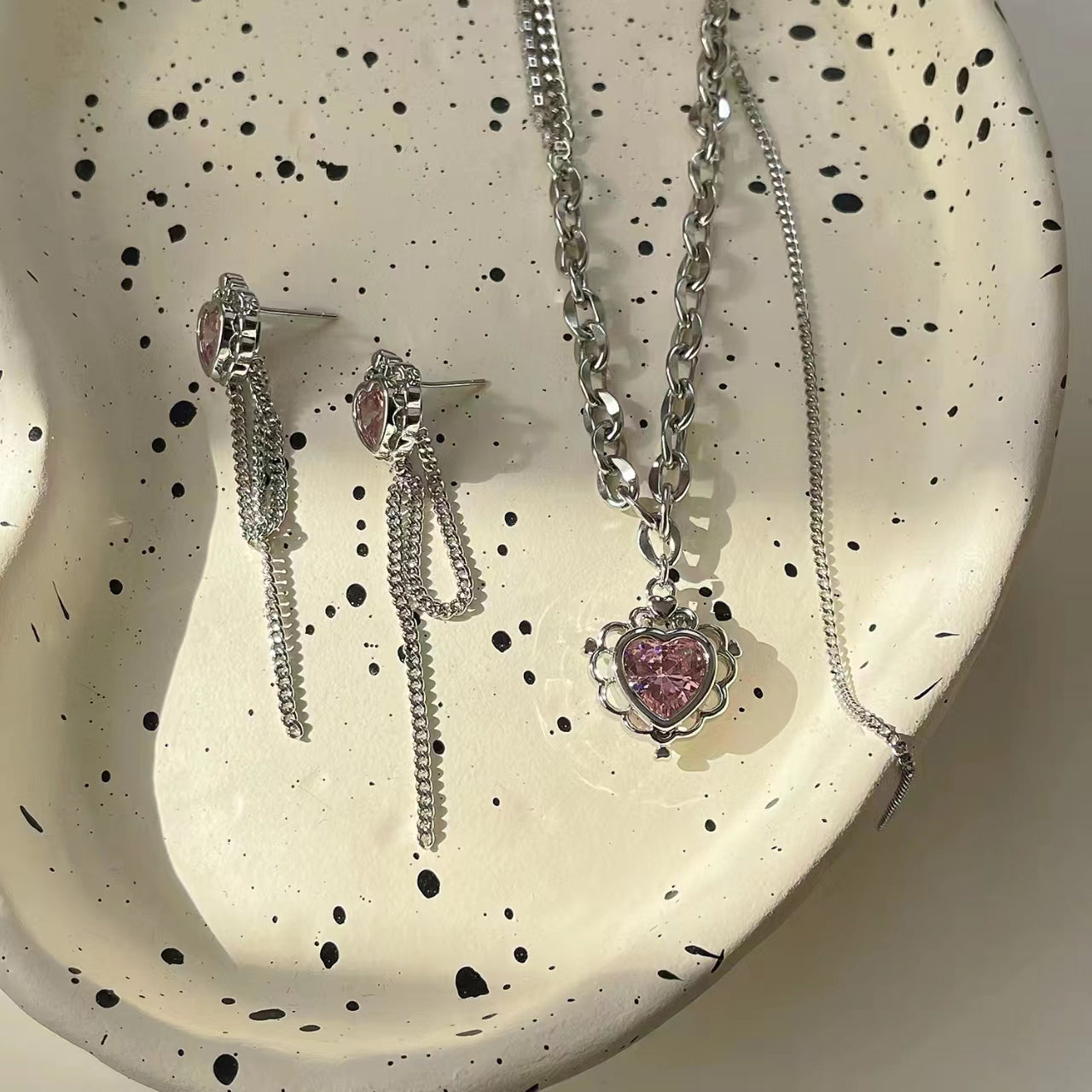 Pink zirconia love earrings necklace