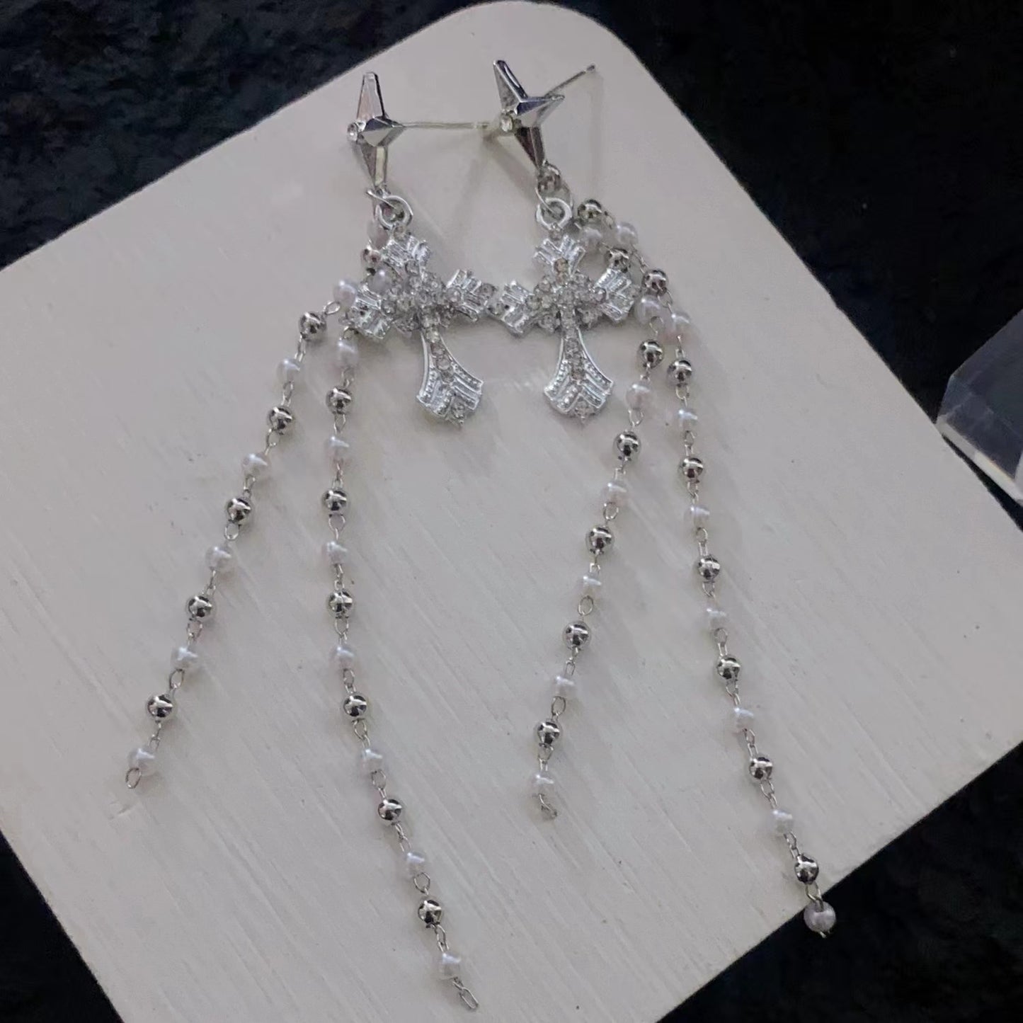 Diamond cross pearl chain beads minimalist tassel long earrings