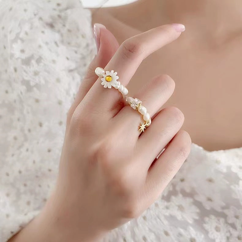 Freshwater pearl girl heart zirconia flower ring