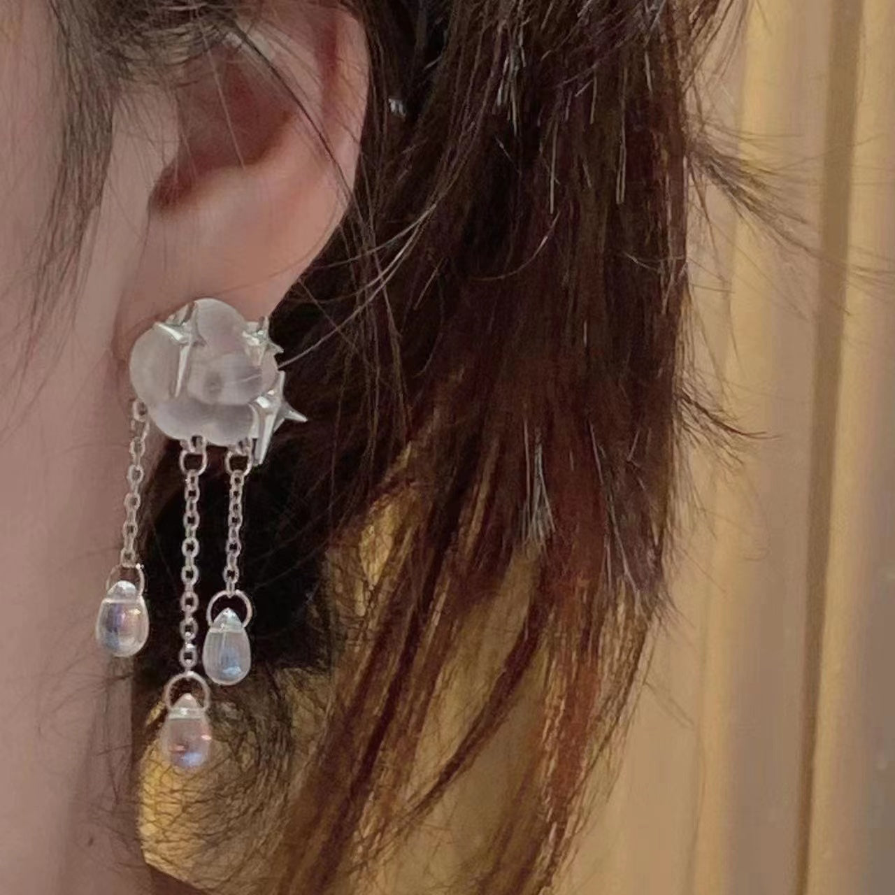 star, Little Bear Earrings, net red, new clouds, water drops, long Tassel Earrings