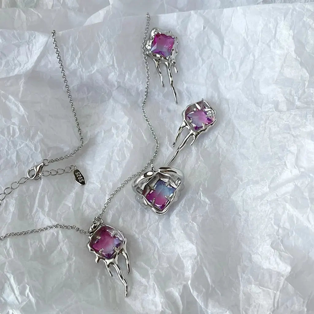 Allover S925 Sterling Silver Design Irregular Lava Set Diamond Zircon Earrings Ring Short Collar Necklace