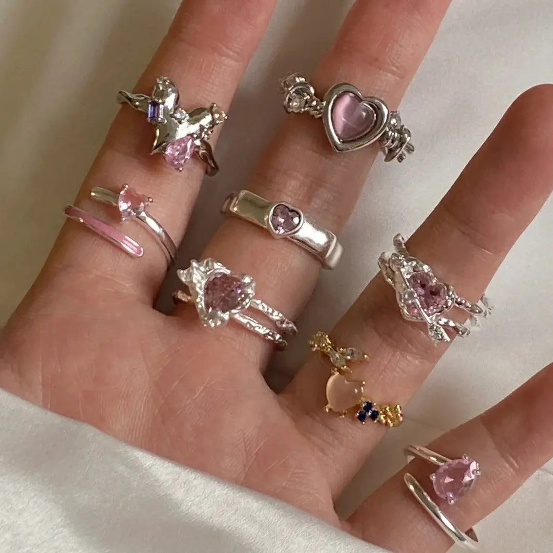 Pink Love Zircon Gem Ring Women's Gentle Temperament, Small Design, Adjustable Opening, Girl Friend Ring Women