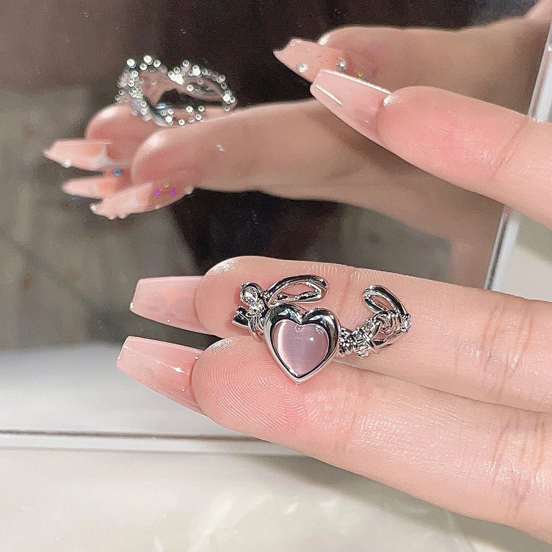Pink Love Zircon Gem Ring Women's Gentle Temperament, Small Design, Adjustable Opening, Girl Friend Ring Women