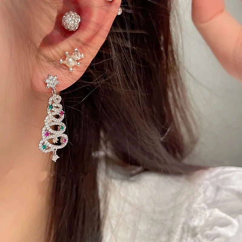 Christmas Earrings Premium Sense Colorful Zirconia Full Diamond Christmas Tree Earrings