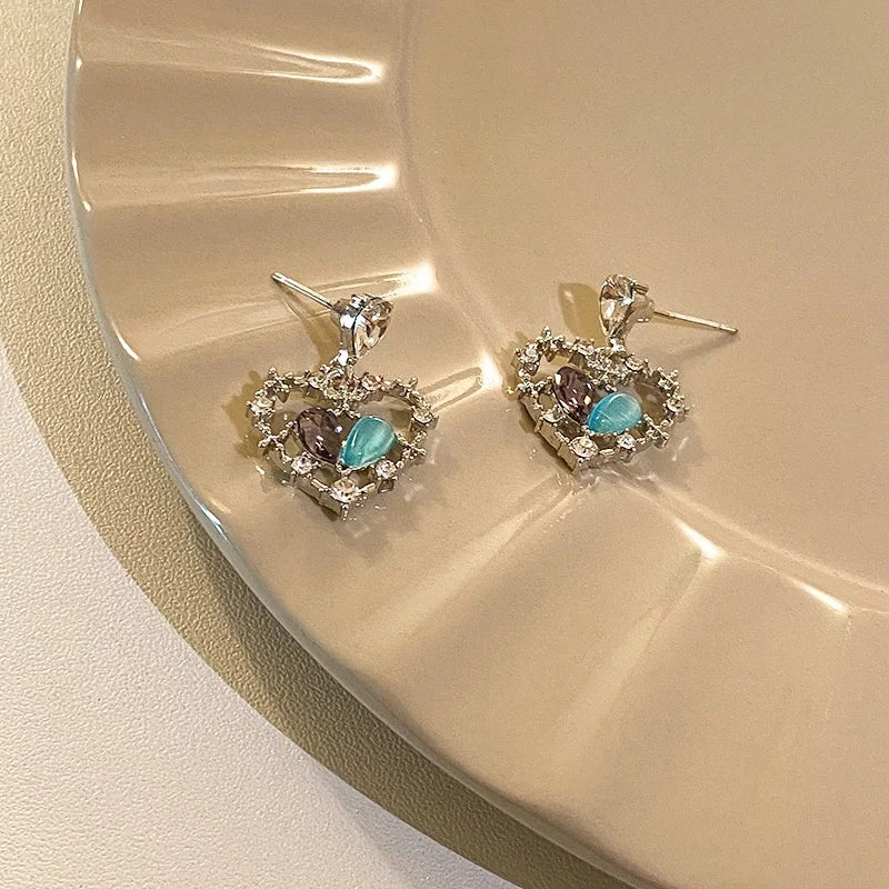 Blue cat's eye stone slightly inlaid with zircon love earrings, delicate and high-grade, 925 silver needle, simple water drop design, female