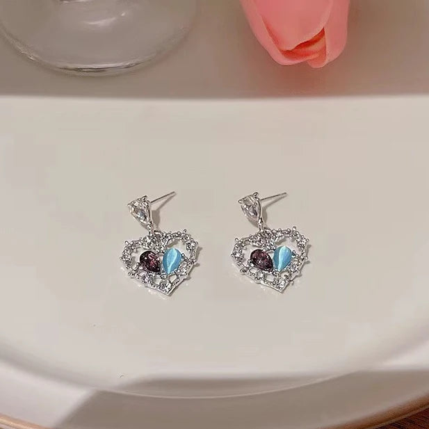 Blue cat's eye stone slightly inlaid with zircon love earrings, delicate and high-grade, 925 silver needle, simple water drop design, female