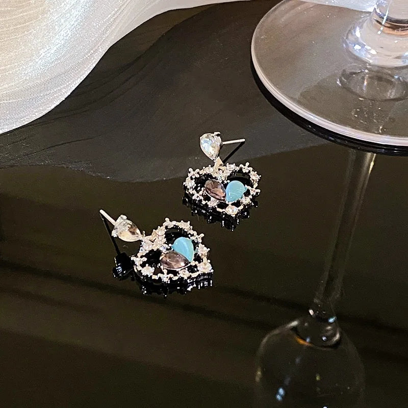 Blue cat's eye stone slightly inlaid with zircon love earrings, delicate and high-grade, 925 silver needle, simple water drop design, female