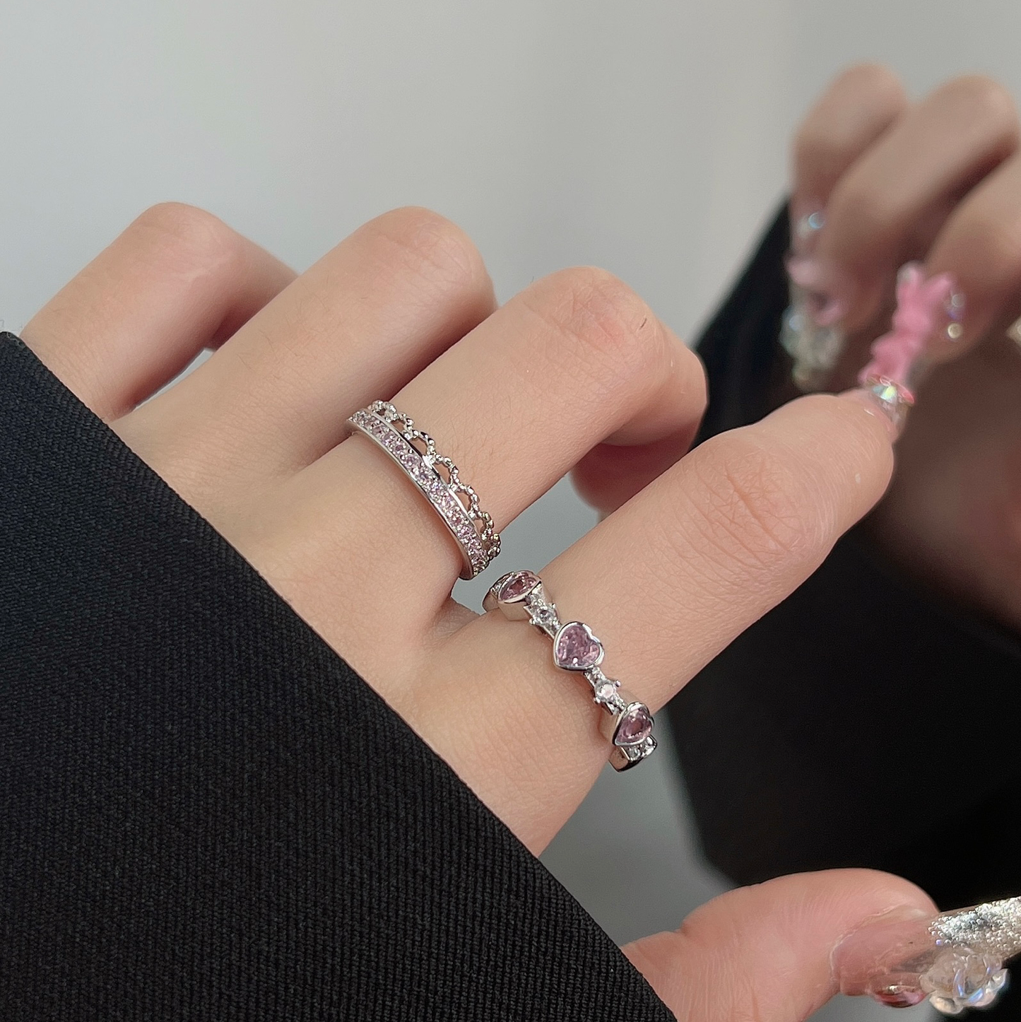 Pink Diamond Love Ring Female Fashion Light Luxury Small Popular Design Ring Fashion Personality Opening Adjustable Index Ring