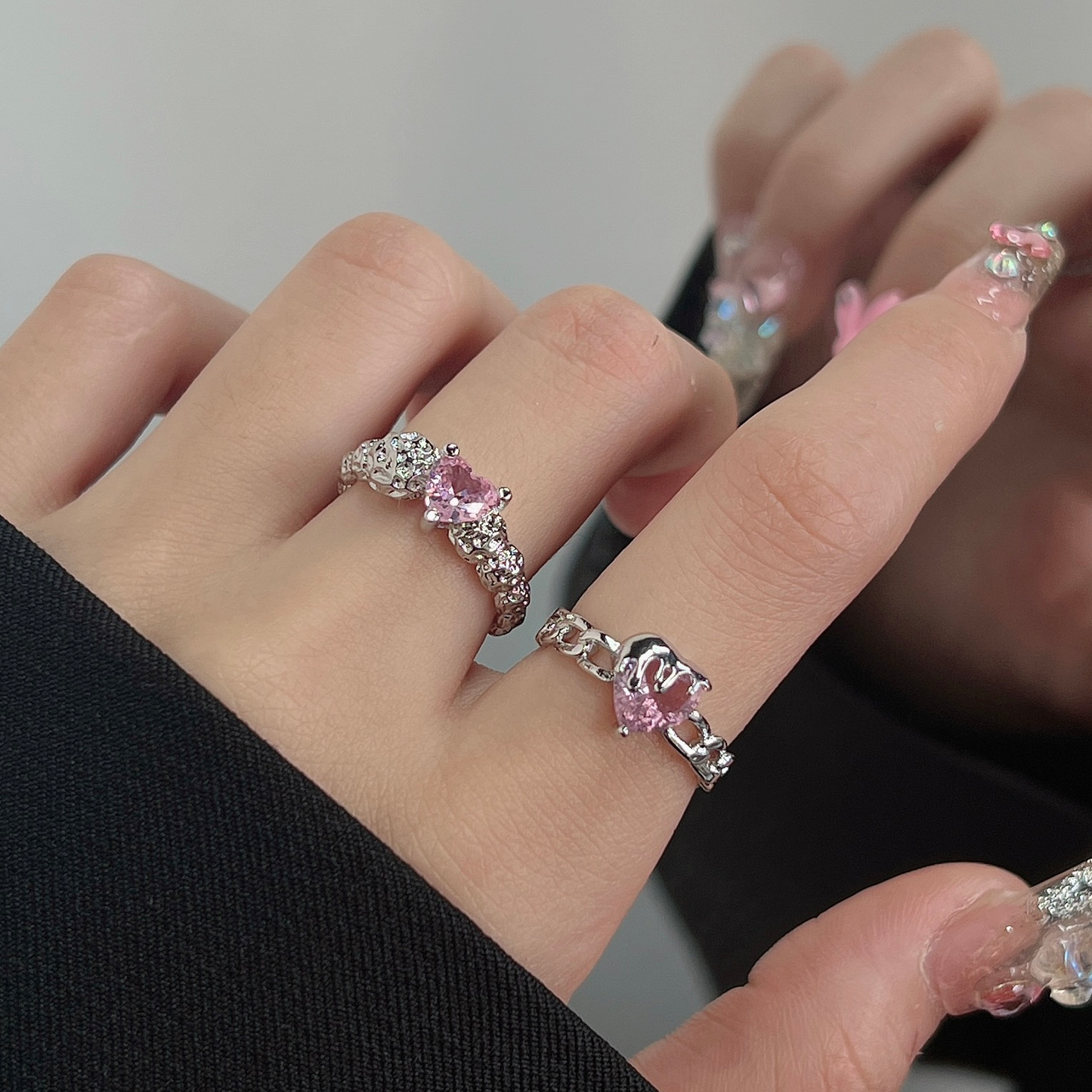 Pink Diamond Love Ring Female Fashion Light Luxury Small Popular Design Ring Fashion Personality Opening Adjustable Index Ring