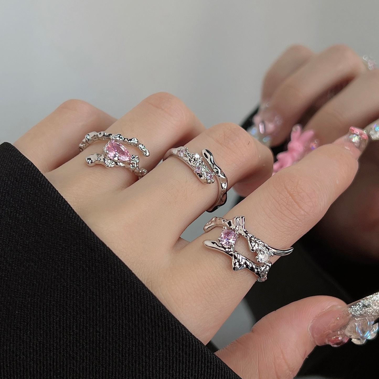 Pink Diamond Love Ring Female Fashion Light Luxury Small Popular Design Ring Fashion Personality Opening Adjustable Index Ring