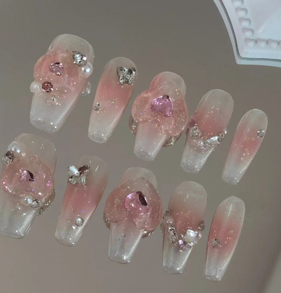 Y2K beautiful girl's heart style wearing nail patch pure manual wearing nail removable reusable