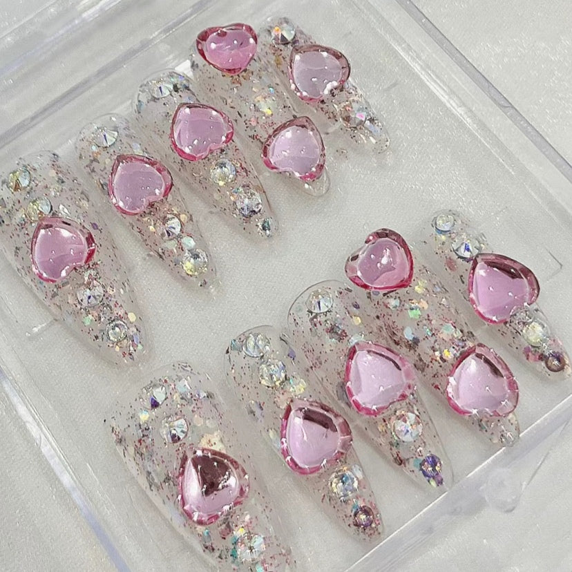Tiankudui Drill-through Nail Wearing Y2K Spice Girl Heavy Industry Love Pearl Shining Handmade Removable Nail Patch