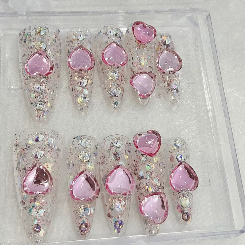 Tiankudui Drill-through Nail Wearing Y2K Spice Girl Heavy Industry Love Pearl Shining Handmade Removable Nail Patch