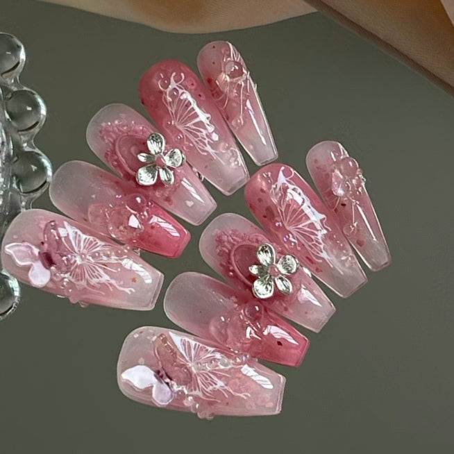 Nethong wear the same type of manicure finished patch, broken diamond ribbon butterfly removable false nail bride nail patch