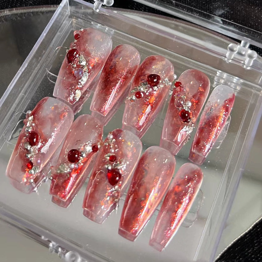 Fake nail stickers can be used with Van Dom rose, high-grade mesh red, wearing nails, lazy manicure, lasting