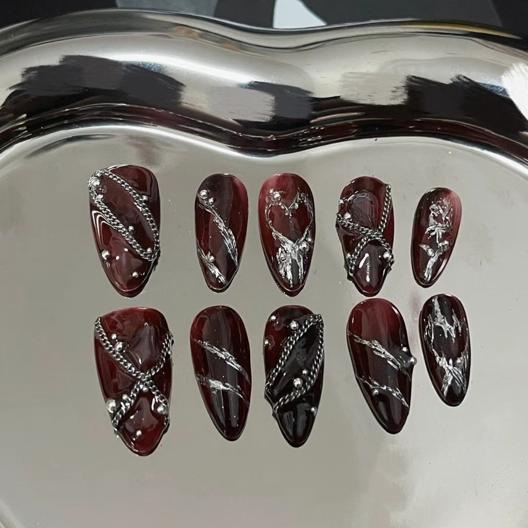 New Year's Christmas style shows white cow blood, red gemstone, high-grade nail enhancement, wear nail plate, custom light luxury bride nail paste