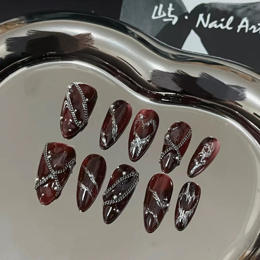 New Year's Christmas style shows white cow blood, red gemstone, high-grade nail enhancement, wear nail plate, custom light luxury bride nail paste