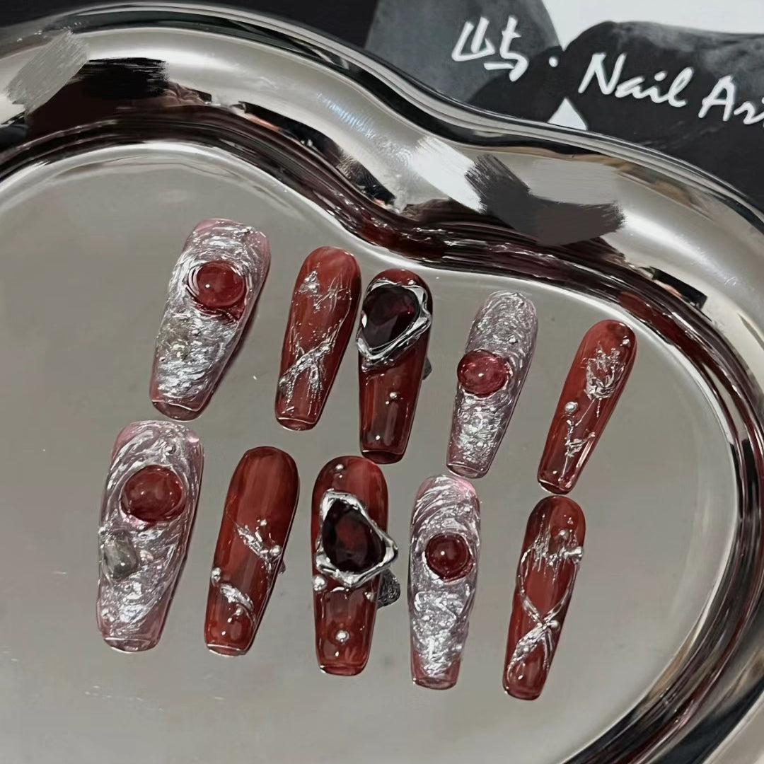 Handmade new y2k nail enhancement with wearing nail, sweet and cool, hot and hot girl style, red nail enhancement