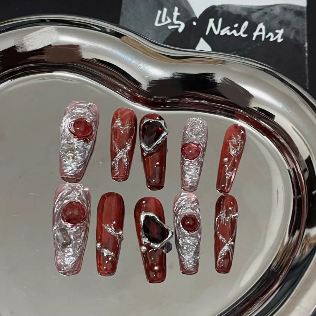 Handmade new y2k nail enhancement with wearing nail, sweet and cool, hot and hot girl style, red nail enhancement
