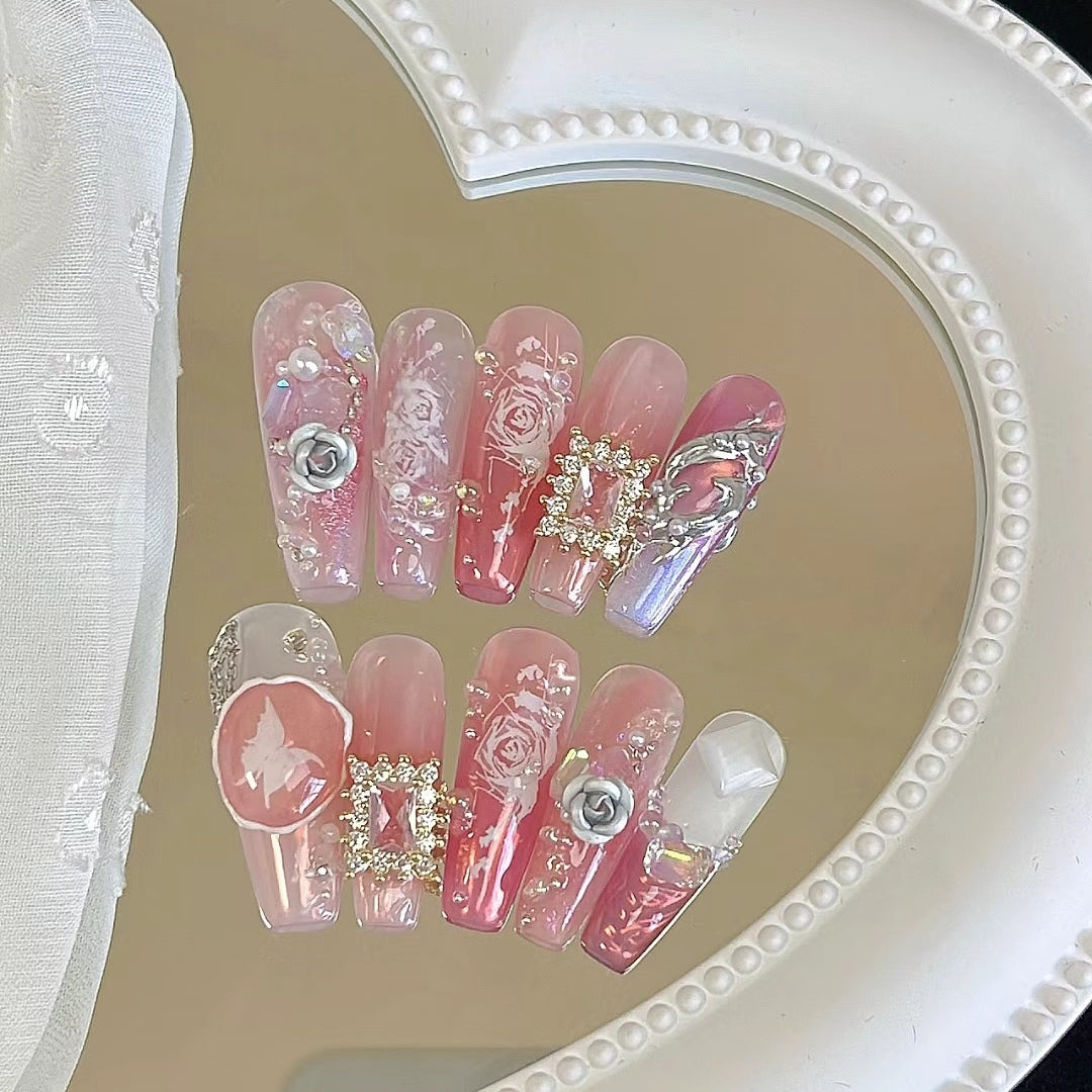 | Pink bubble | Pure manual wearing of finished nail patch temperament chain love nail removable