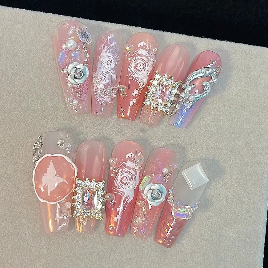| Pink bubble | Pure manual wearing of finished nail patch temperament chain love nail removable