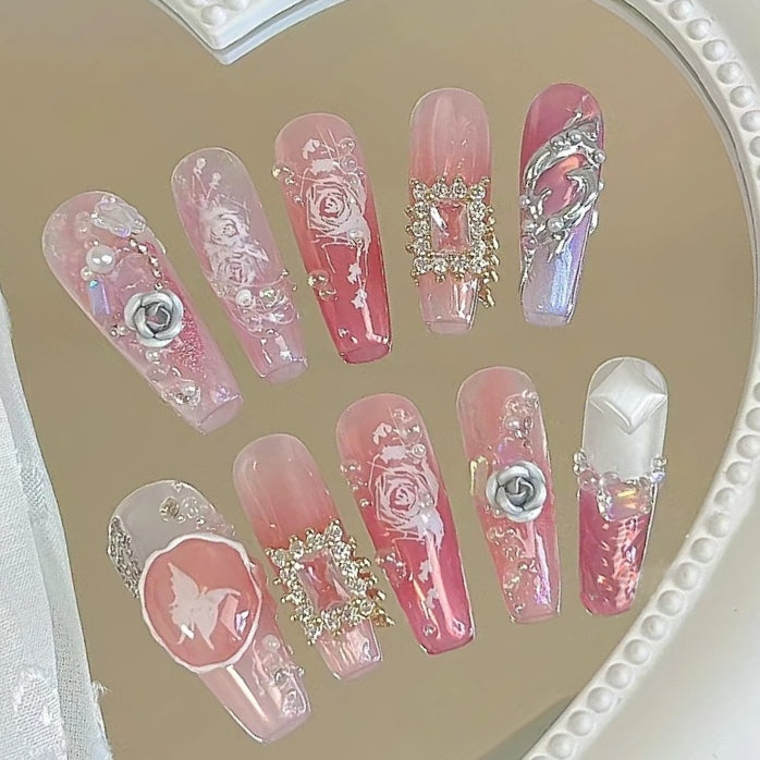| Pink bubble | Pure manual wearing of finished nail patch temperament chain love nail removable