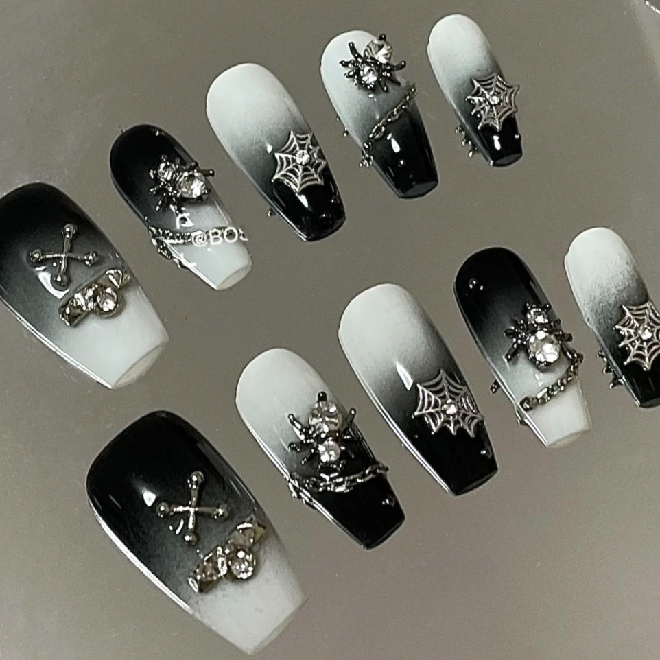 Metal melting moon wearing nail, black spider nail enhancement, false nail, removable nail patch, full nail patch