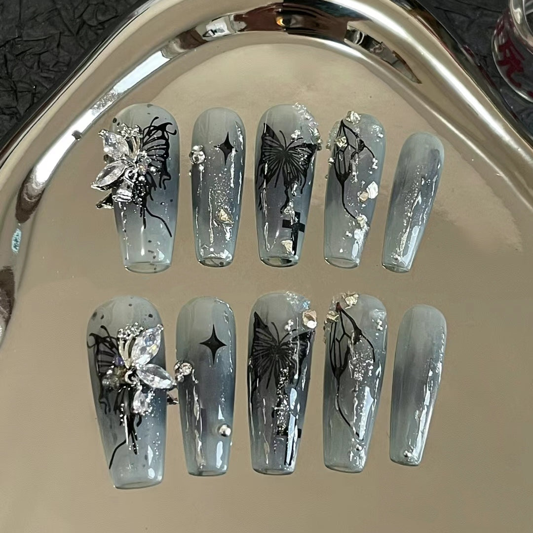 Dark black handmade customized wearing manicure dizzy butterfly irregular line hot girl false nail