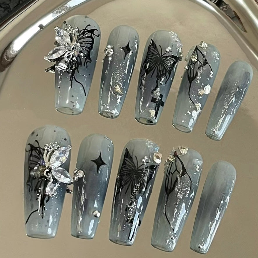 Dark black handmade customized wearing manicure dizzy butterfly irregular line hot girl false nail