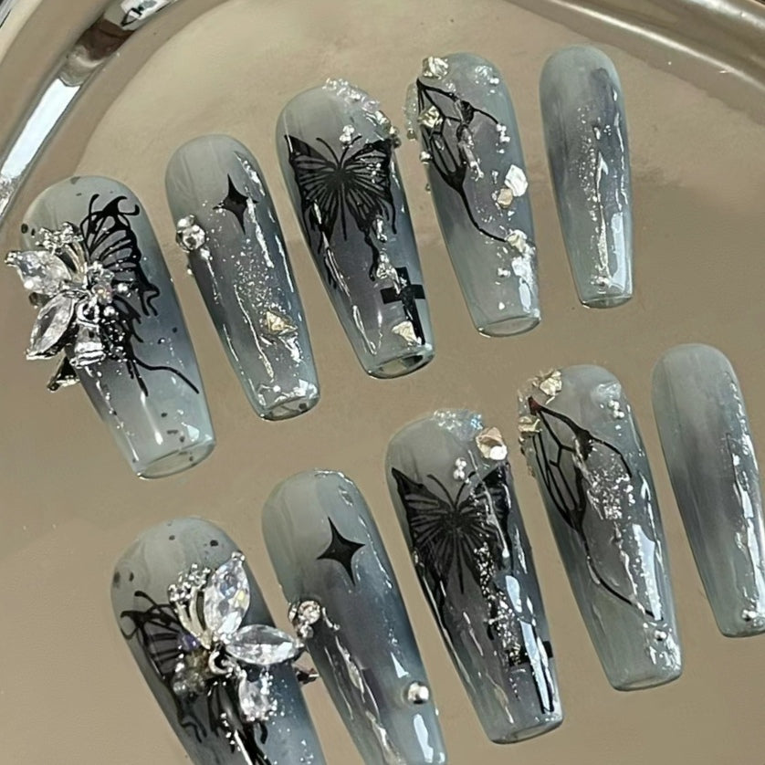 Dark black handmade customized wearing manicure dizzy butterfly irregular line hot girl false nail